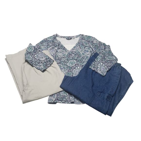 Basic Editions 3‑Pc Women’s Bundle S Paisley Top + Blue & Khaki Wide‑Leg Capris - Picture 1 of 16